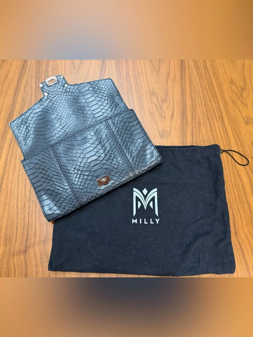 MILLY Charcoal Gray Snake-Embossed Leather Envelope Clutch with Silver *NWOT